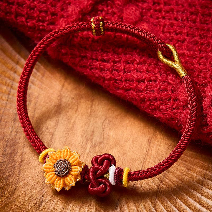 Buddha Stones Bransoletka szczęścia ze słonecznika tkana ręcznie na czerwonym sznurku - image 1
