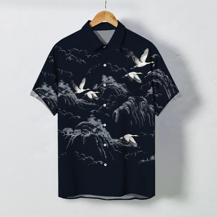 Buddha Stones Koszula męska z krótkim rękawem, oddychająca, z nadrukiem Ink Crane Mountain Cloud Pattern, z guzikami - Marynarka wojenna - US/UK/AU48， EU58 (4XL) - image 0