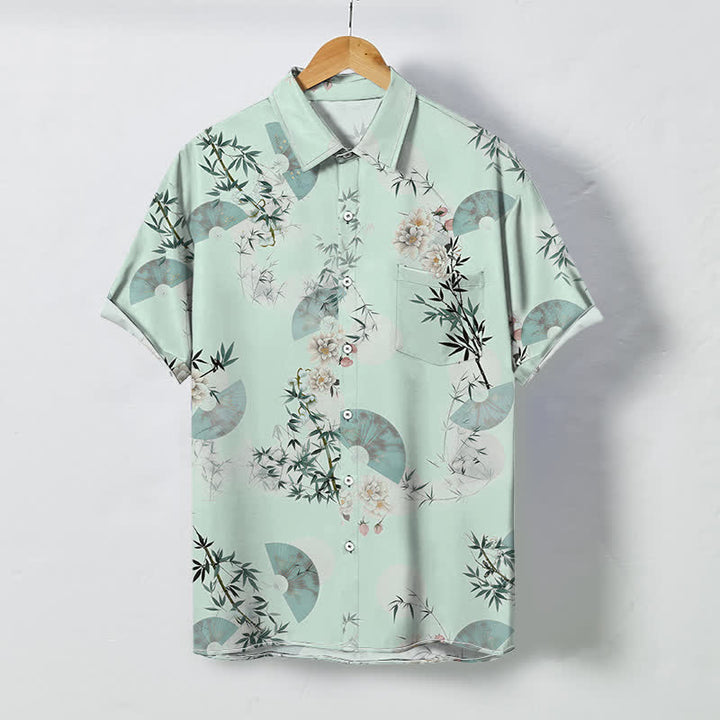 Buddha Stones Koszula męska z krótkim rękawem, oddychająca, z guzikami i wzorem kwiatu bambusa Mint Fan - Miodowa spadź - US/UK/AU48， EU58 (4XL) - image 3