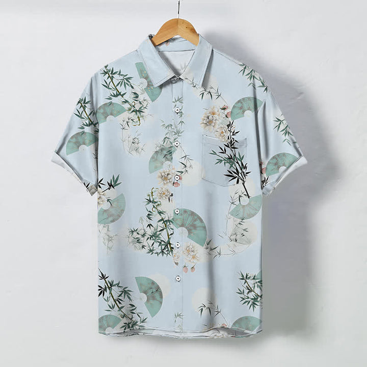 Buddha Stones Koszula męska z krótkim rękawem, oddychająca, z guzikami i wzorem kwiatu bambusa Mint Fan - Jasnoniebieski - US/UK/AU48， EU58 (4XL) - image 5