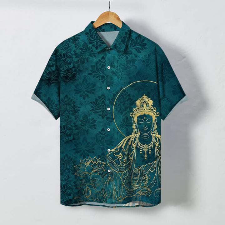 Buddha Stones Koszula męska z krótkim rękawem, odporna na zagniecenia, z guzikami w stylu vintage z motywem lotosu - Cyraneczka - US/UK/AU48， EU58 (4XL) - image 5