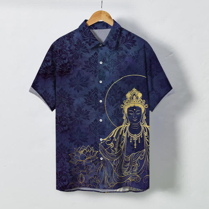 Buddha Stones Koszula męska z krótkim rękawem, odporna na zagniecenia, z guzikami w stylu vintage z motywem lotosu - DarkSlateBlue - US/UK/AU48， EU58 (4XL) - image 7