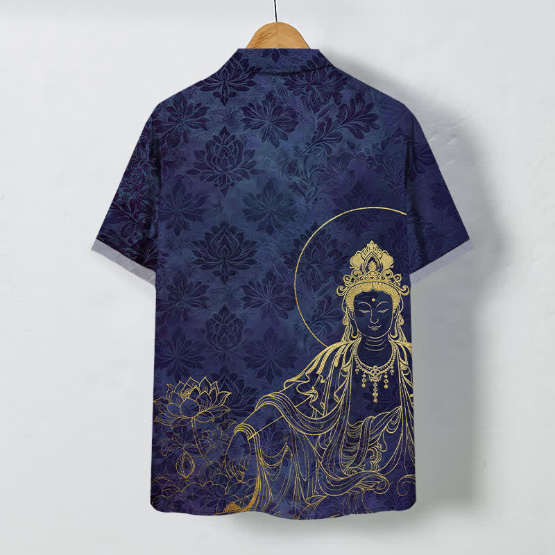 Buddha Stones Koszula męska z krótkim rękawem, odporna na zagniecenia, z guzikami w stylu vintage z motywem lotosu - image 8