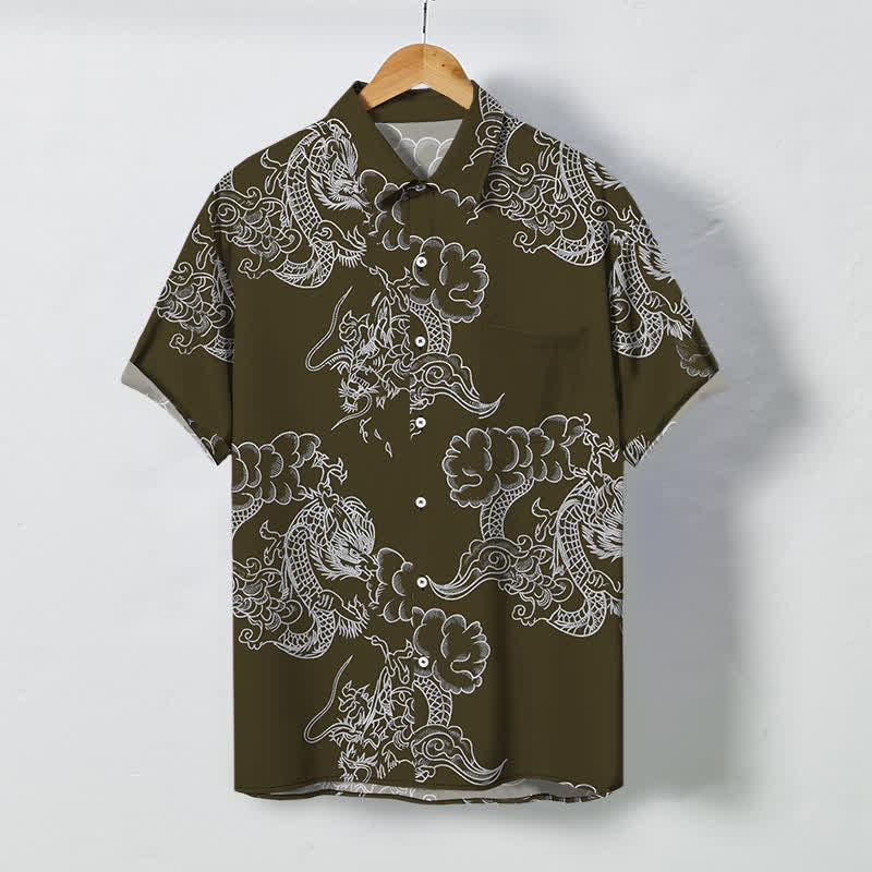 Buddha Stones Koszula męska z krótkim rękawem, oddychająca, z kwiatowym wzorem w stylu vintage i guzikami - DarkOliveGreen - US/UK/AU48， EU58 (4XL) - image 5