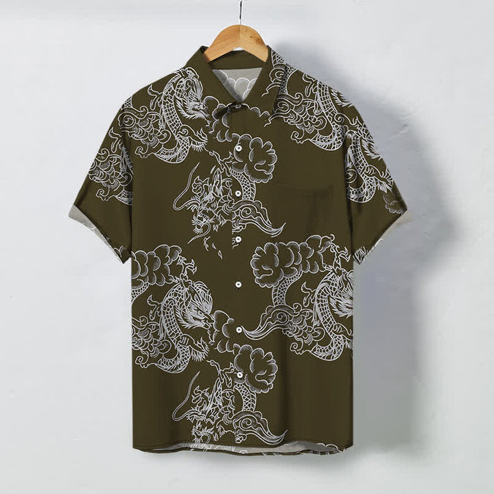 Buddha Stones Koszula męska z krótkim rękawem, oddychająca, z kwiatowym wzorem w stylu vintage i guzikami - DarkOliveGreen - US/UK/AU48， EU58 (4XL) - image 5