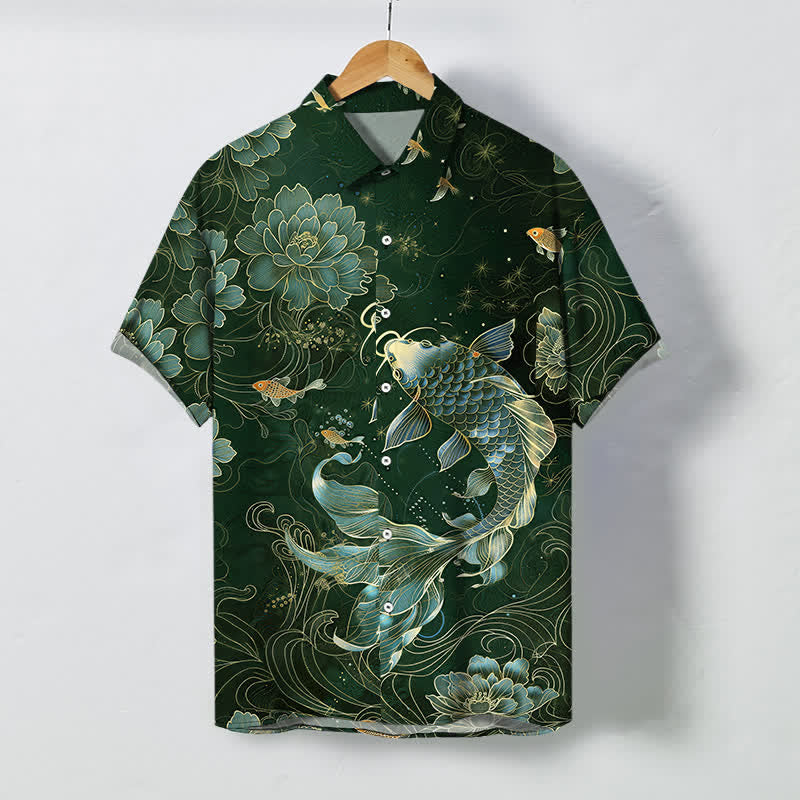 Buddha Stones Niebieska męska koszula z krótkim rękawem i oddychającym wzorem Koi Lotus - Ciemnozielony - US/UK/AU48， EU58 (4XL) - image 5