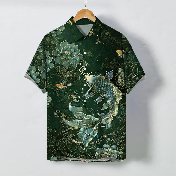 Buddha Stones Niebieska męska koszula z krótkim rękawem i oddychającym wzorem Koi Lotus - Ciemnozielony - US/UK/AU48， EU58 (4XL) - image 5