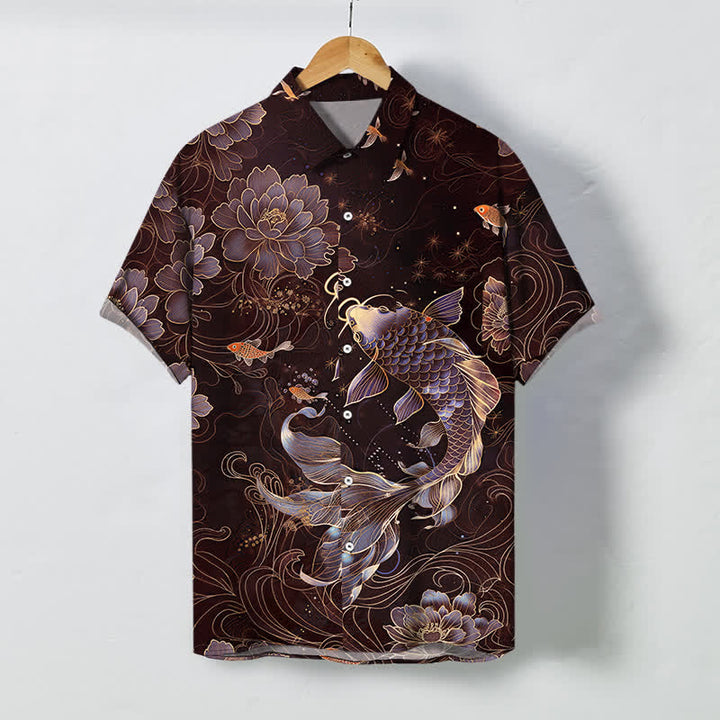 Buddha Stones Niebieska męska koszula z krótkim rękawem i oddychającym wzorem Koi Lotus - Kasztanowaty - US/UK/AU48， EU58 (4XL) - image 7