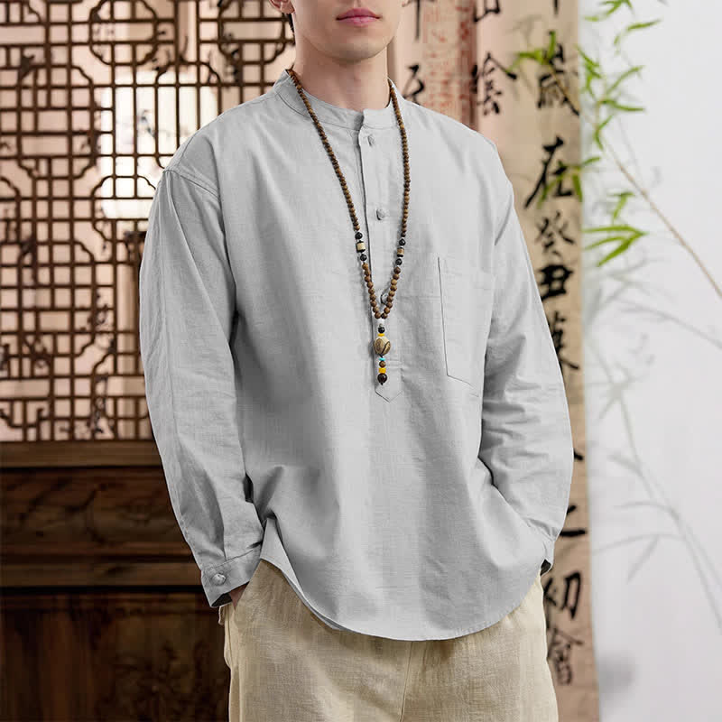 Buddha Stones Koszule męskie z długim rękawem i kieszenią naszywaną, w stylu wiosennym Tang, minimalistyczne, z kołnierzykiem typu stójka, z lnianej bawełny - image 15