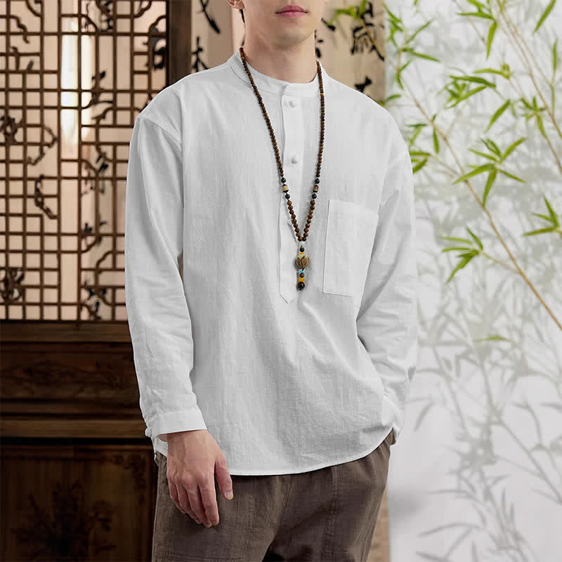 Buddha Stones Koszule męskie z długim rękawem i kieszenią naszywaną, w stylu wiosennym Tang, minimalistyczne, z kołnierzykiem typu stójka, z lnianej bawełny - image 18