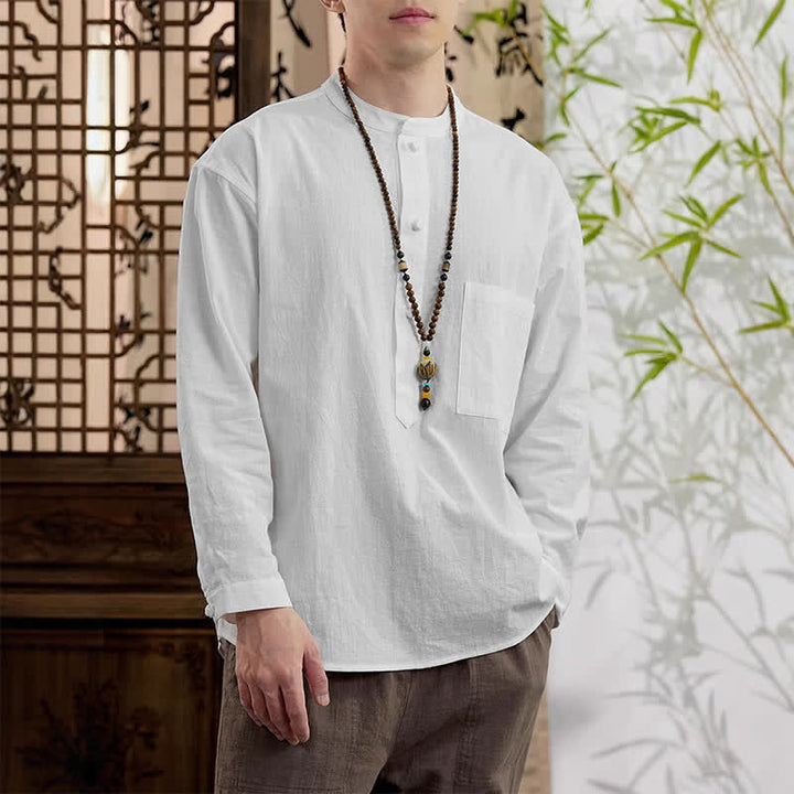 Buddha Stones Koszule męskie z długim rękawem i kieszenią naszywaną, w stylu wiosennym Tang, minimalistyczne, z kołnierzykiem typu stójka, z lnianej bawełny - image 18
