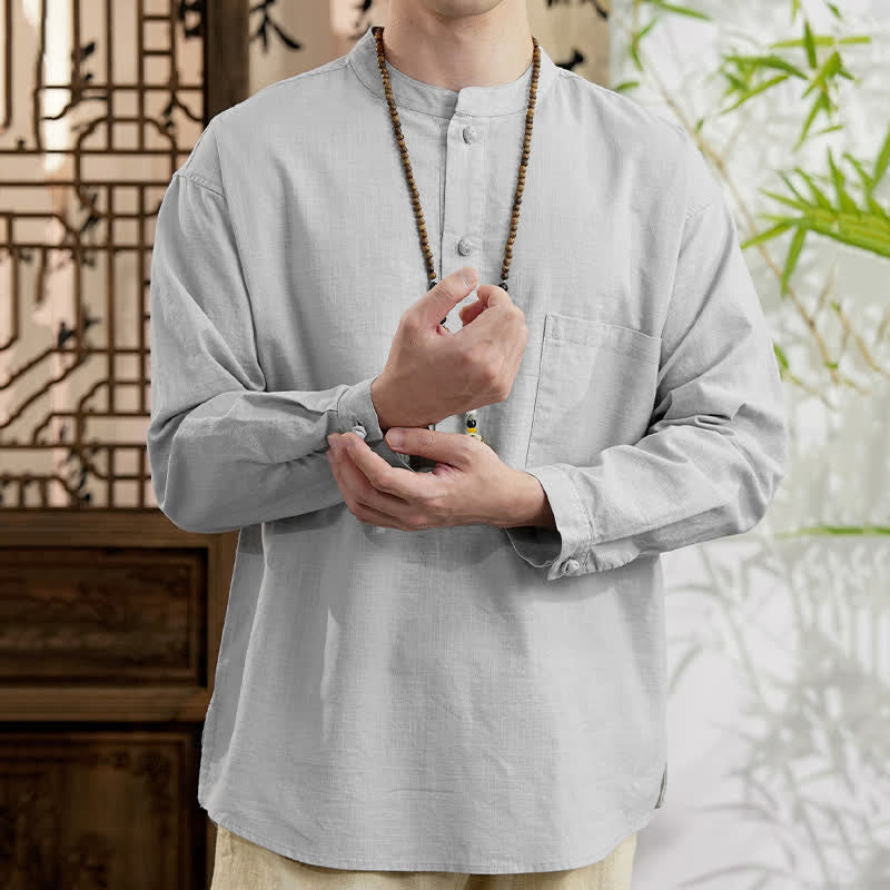 Buddha Stones Koszule męskie z długim rękawem i kieszenią naszywaną, w stylu wiosennym Tang, minimalistyczne, z kołnierzykiem typu stójka, z lnianej bawełny - image 16