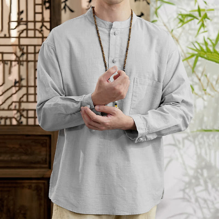Buddha Stones Koszule męskie z długim rękawem i kieszenią naszywaną, w stylu wiosennym Tang, minimalistyczne, z kołnierzykiem typu stójka, z lnianej bawełny - image 16