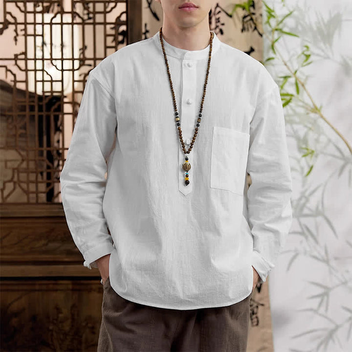 Buddha Stones Koszule męskie z długim rękawem i kieszenią naszywaną, w stylu wiosennym Tang, minimalistyczne, z kołnierzykiem typu stójka, z lnianej bawełny - Biały - US/UK/AU46， EU56 (5XL) - image 17