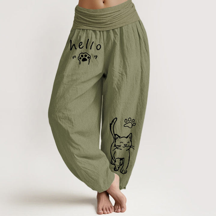 Buddha Stones Spodnie damskie haremki z elastycznej talii z motywem łapki kota z czystej bawełny - Oliwkowy - US16, UK/AU20, EU48 (3XL) - image 14