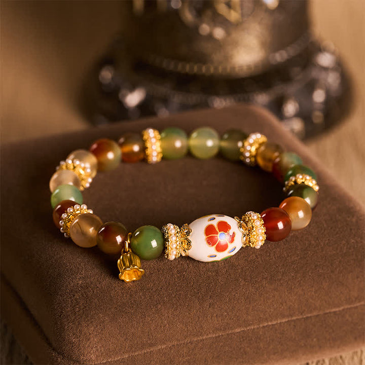 Buddha Stones Naturalny wisiorek z koralików beczułkowych z agatu pawiego z ceramiki w kształcie lotosu, okrągła bransoletka z koralików Confidence - image 1