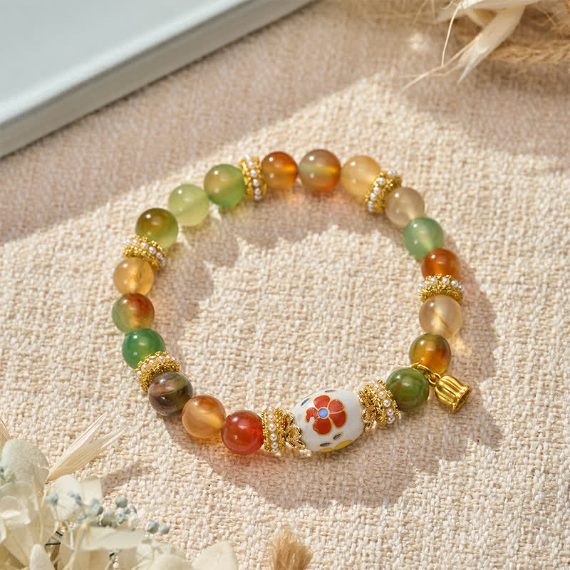Buddha Stones Naturalny wisiorek z koralików beczułkowych z agatu pawiego z ceramiki w kształcie lotosu, okrągła bransoletka z koralików Confidence - image 2