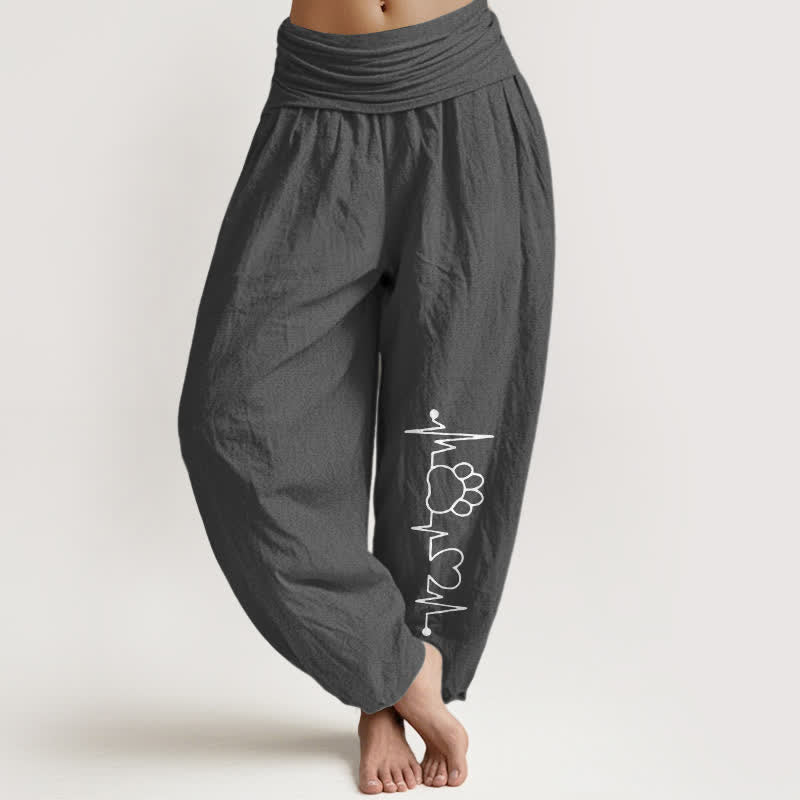 Buddha Stones Spodnie damskie typu harem z elastycznej talii z nadrukiem łapy serca z czystej bawełny - DimGray - US16, UK/AU20, EU48 (3XL) - image 8