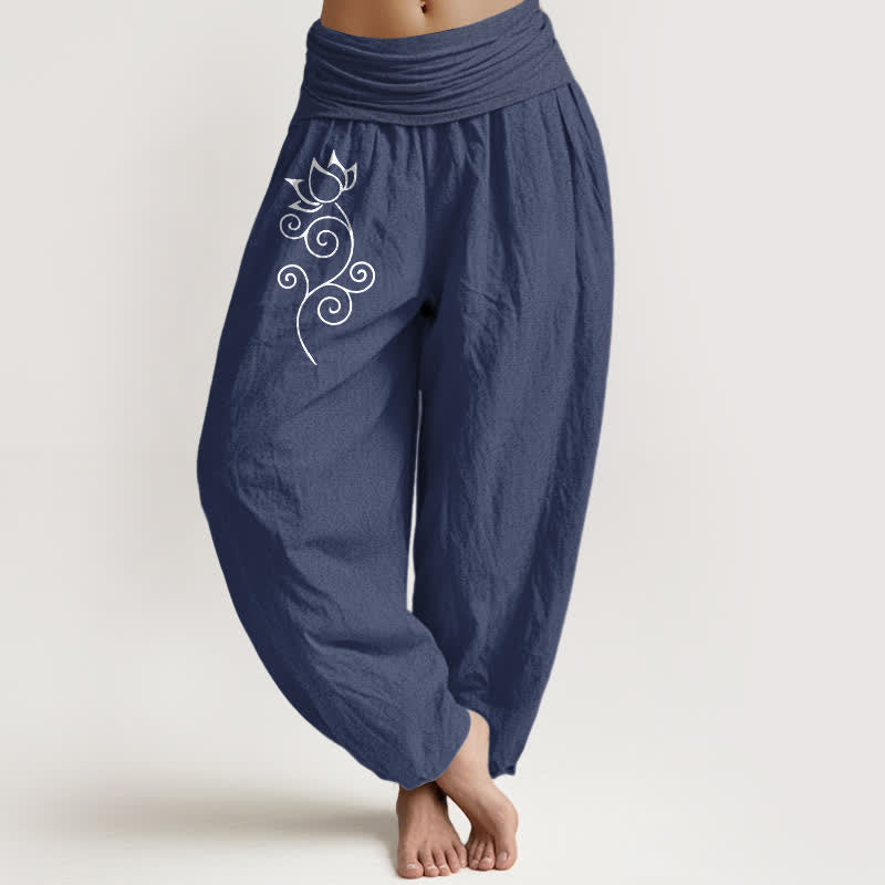 Buddha Stones Spodnie damskie typu harem z elastycznej talii, z czystej bawełny, z motywem lotosu i pnączy w kwiaty - DarkSlateBlue - US16, UK/AU20, EU48 (3XL) - image 0