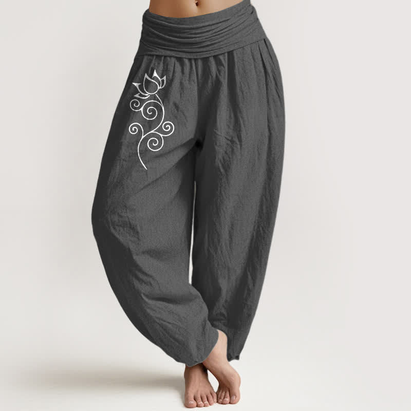 Buddha Stones Spodnie damskie typu harem z elastycznej talii, z czystej bawełny, z motywem lotosu i pnączy w kwiaty - DimGray - US16, UK/AU20, EU48 (3XL) - image 8