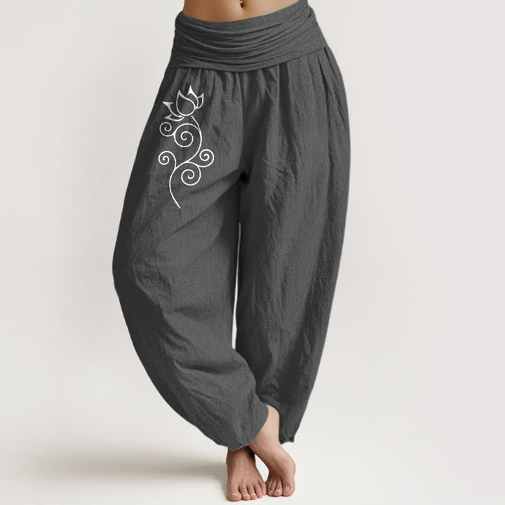 Buddha Stones Spodnie damskie typu harem z elastycznej talii, z czystej bawełny, z motywem lotosu i pnączy w kwiaty - DimGray - US16, UK/AU20, EU48 (3XL) - image 8