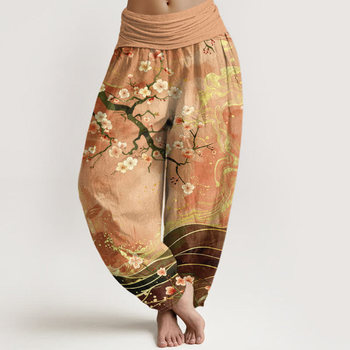 Buddha Stones Spodnie damskie typu harem z elastycznej talii z czystej bawełny z motywem gałęzi kwitnącej wiśni - BurlyWood - US16, UK/AU20, EU48 (3XL) - image 0