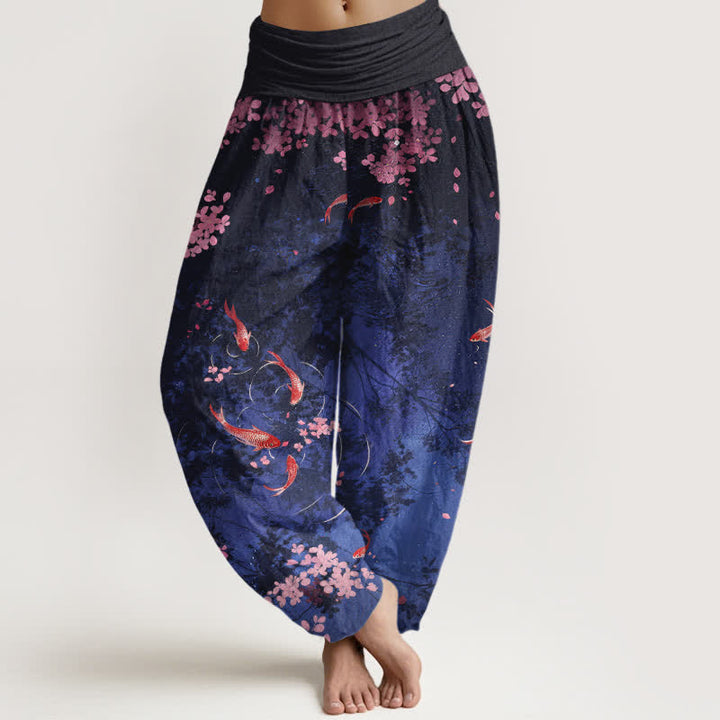 Buddha Stones Spodnie damskie z elastyczną talią i kieszeniami, z czystej bawełny, z motywem ryby koi i sakury - Marynarka wojenna - US16, UK/AU20, EU48 (3XL) - image 0