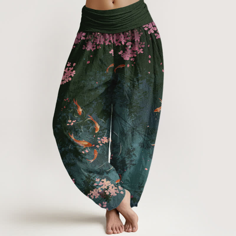 Buddha Stones Spodnie damskie z elastyczną talią i kieszeniami, z czystej bawełny, z motywem ryby koi i sakury - DarkSlateGray - US16, UK/AU20, EU48 (3XL) - image 5