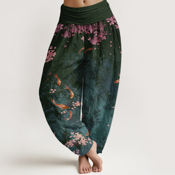 Buddha Stones Spodnie damskie z elastyczną talią i kieszeniami, z czystej bawełny, z motywem ryby koi i sakury - DarkSlateGray - US16, UK/AU20, EU48 (3XL) - image 5