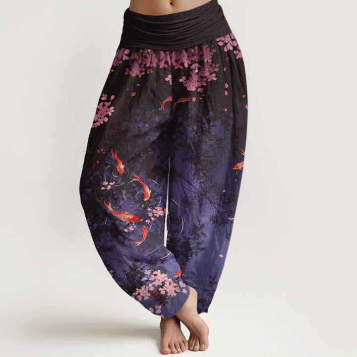 Buddha Stones Spodnie damskie z elastyczną talią i kieszeniami, z czystej bawełny, z motywem ryby koi i sakury - Indygo - US16, UK/AU20, EU48 (3XL) - image 8