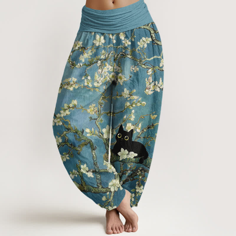 Buddha Stones Spodnie damskie typu harem z elastycznej talii z czystej bawełny z motywem kwiatowym i motywem kota - CadetBlue - US16, UK/AU20, EU48 (3XL) - image 0