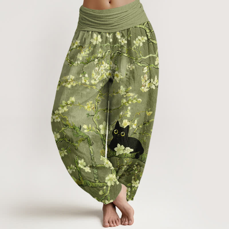 Buddha Stones Spodnie damskie typu harem z elastycznej talii z czystej bawełny z motywem kwiatowym i motywem kota - Oliwkowy - US16, UK/AU20, EU48 (3XL) - image 8