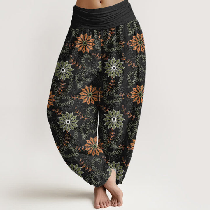Buddha Stones Bawełniane spodnie damskie typu harem z elastycznym pasem i wzorem mandali w stylu boho - Czarny - US16, UK/AU20, EU48 (3XL) - image 0