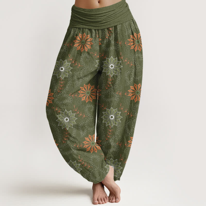 Buddha Stones Bawełniane spodnie damskie typu harem z elastycznym pasem i wzorem mandali w stylu boho - DarkOliveGreen - US16, UK/AU20, EU48 (3XL) - image 8