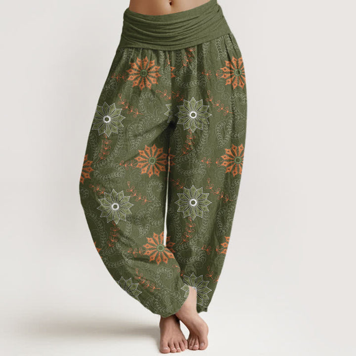 Buddha Stones Bawełniane spodnie damskie typu harem z elastycznym pasem i wzorem mandali w stylu boho - DarkOliveGreen - US16, UK/AU20, EU48 (3XL) - image 8