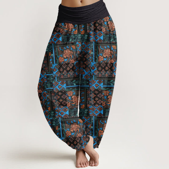 Buddha Stones Spodnie damskie typu harem z elastycznej talii z czystej bawełny w geometryczny wzór w stylu boho - Czarny - US16, UK/AU20, EU48 (3XL) - image 0