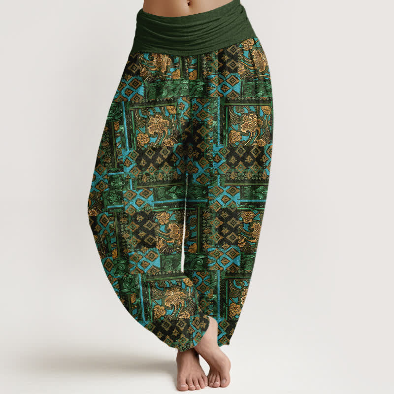 Buddha Stones Spodnie damskie typu harem z elastycznej talii z czystej bawełny w geometryczny wzór w stylu boho - DarkOliveGreen - US16, UK/AU20, EU48 (3XL) - image 5