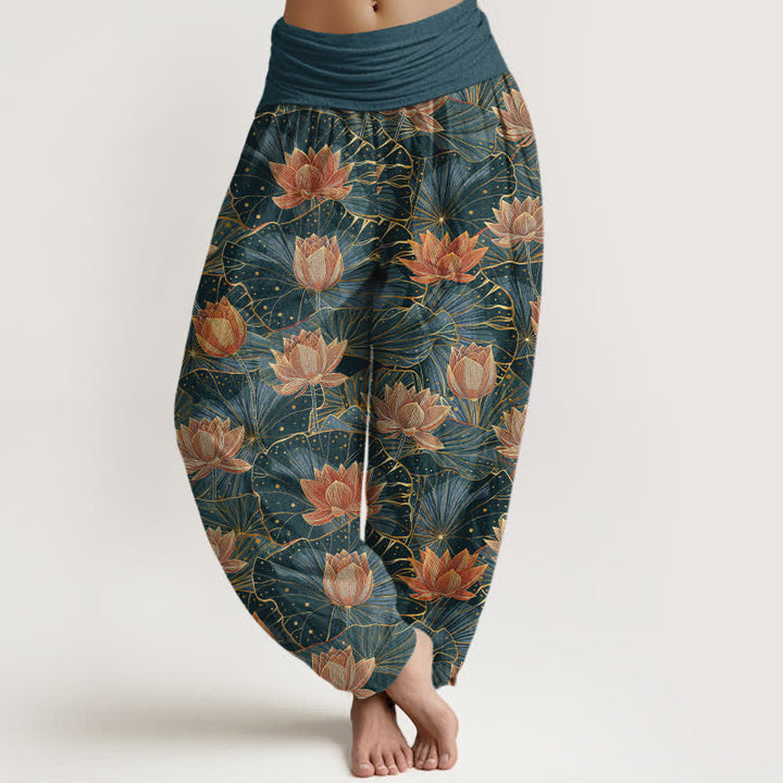 Buddha Stones Spodnie damskie typu harem z elastycznej talii z czystej bawełny w kwiaty lotosu - Cyraneczka - US16, UK/AU20, EU48 (3XL) - image 0