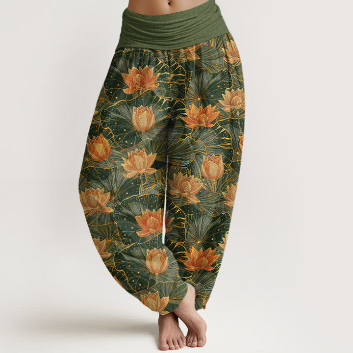 Buddha Stones Spodnie damskie typu harem z elastycznej talii z czystej bawełny w kwiaty lotosu - DarkOliveGreen - US16, UK/AU20, EU48 (3XL) - image 5