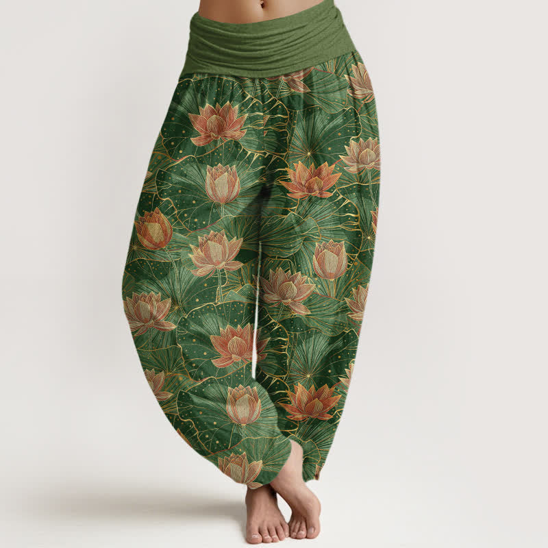 Buddha Stones Spodnie damskie typu harem z elastycznej talii z czystej bawełny w kwiaty lotosu - ForestGreen - US16, UK/AU20, EU48 (3XL) - image 8