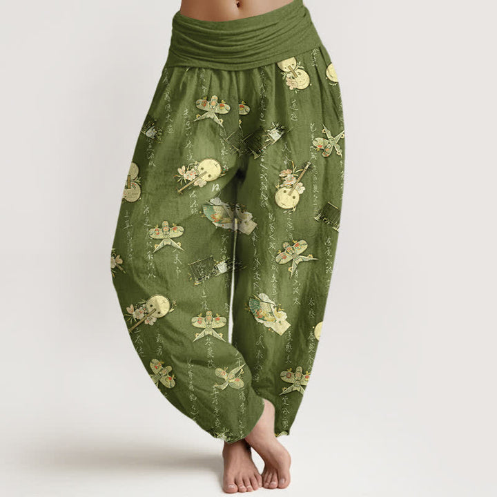 Buddha Stones Spodnie damskie harem z elastyczną talią i wzorem latawca z instrumentem muzycznym w czystej bawełnie - Oliwkowy - US16, UK/AU20, EU48 (3XL) - image 0