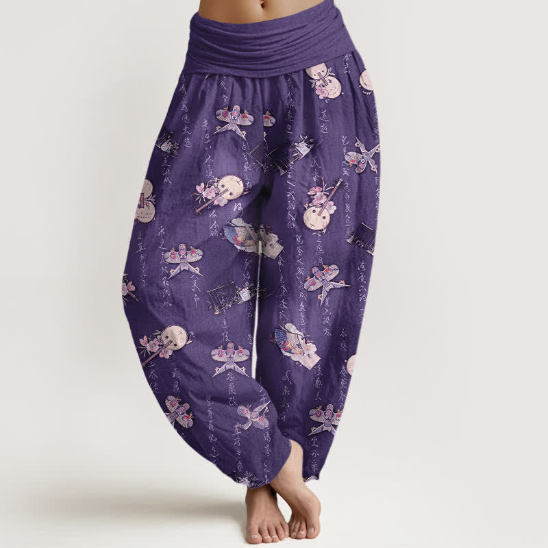 Buddha Stones Spodnie damskie harem z elastyczną talią i wzorem latawca z instrumentem muzycznym w czystej bawełnie - Indygo - US16, UK/AU20, EU48 (3XL) - image 5