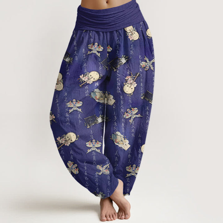 Buddha Stones Spodnie damskie harem z elastyczną talią i wzorem latawca z instrumentem muzycznym w czystej bawełnie - DarkSlateBlue - US16, UK/AU20, EU48 (3XL) - image 8