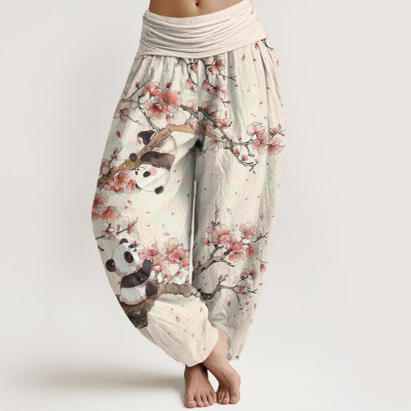Buddha Stones Spodnie damskie harem z elastycznej talii z czystej bawełny z motywem pandy i kwiatu wiśni - Bielizna - US16, UK/AU20, EU48 (3XL) - image 0