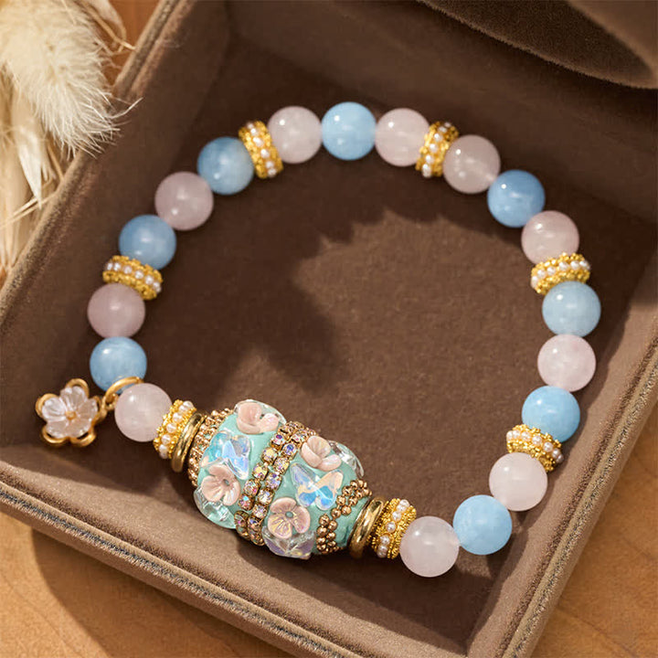 Buddha Stones Bransoletka z okrągłymi koralikami w kształcie kwiatu z różowego kwarcu, niebieskiego chalcedonu i miedzi - image 2