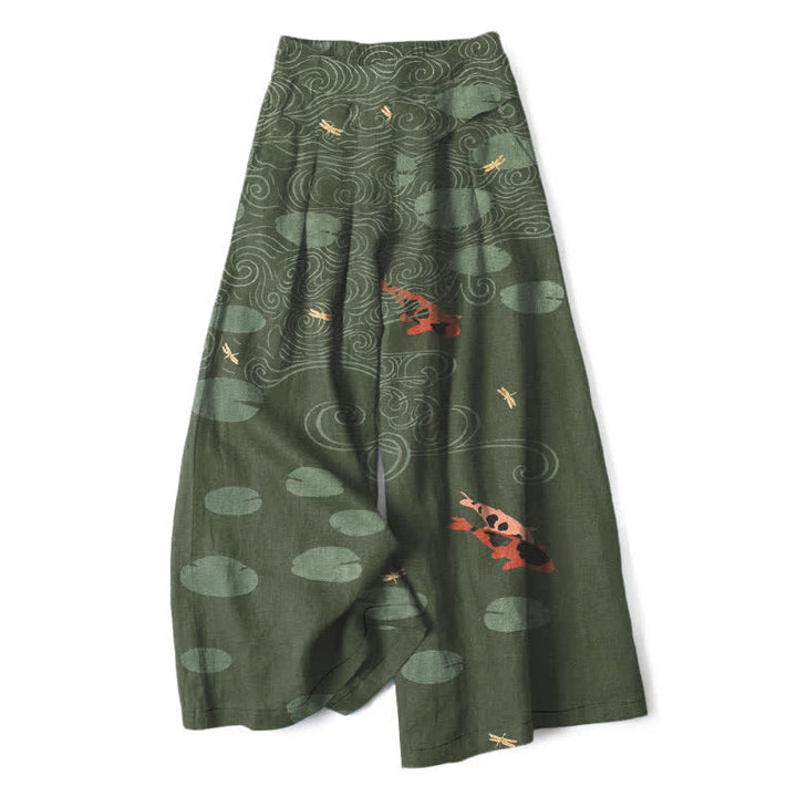 Buddha Stones Spodnie damskie z szerokimi nogawkami i elastyczną talią, z motywem liści lotosu i rybki koi, z kieszeniami - DarkOliveGreen - US16, UK/AU20, EU48 (3XL) - image 5