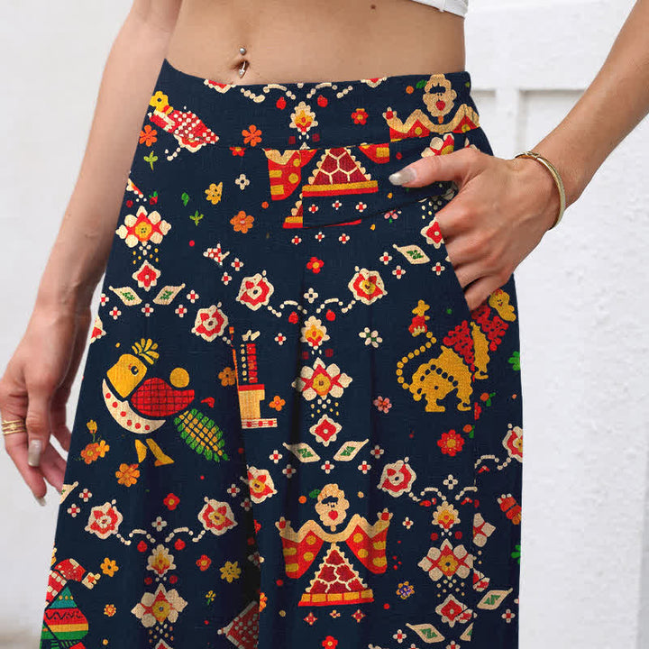 Buddha Stones Spodnie damskie z szerokimi nogawkami i elastyczną talią, z szerokimi nogawkami i kieszeniami, z bawełny i lnu, w geometryczny wzór w stylu boho - image 2