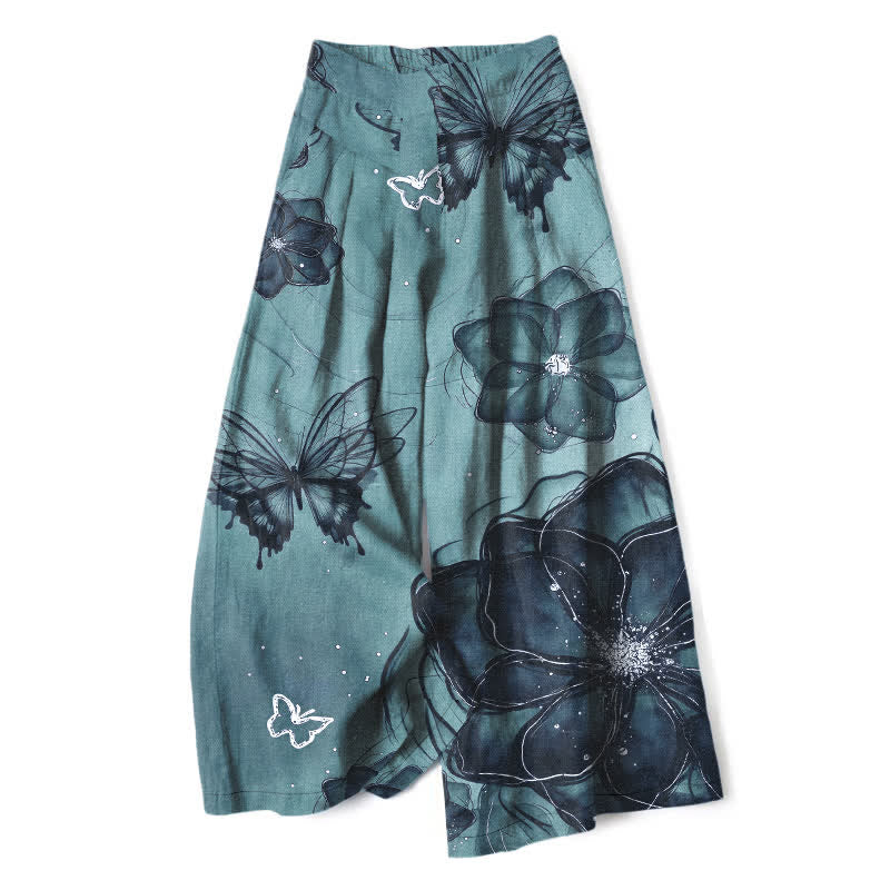 Buddha Stones Spodnie damskie z szerokimi nogawkami i elastyczną talią, z motywem motyli i kwiatów, z szerokimi nogawkami i kieszeniami - Średnioturkusowy - US16, UK/AU20, EU48 (3XL) - image 7