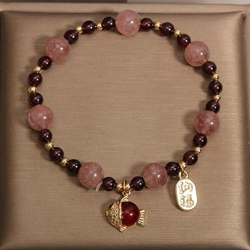 Buddha Stones Bransoletka lecznicza z kwarcem truskawkowym i granatem w kształcie ryby Koi Fu - image 3