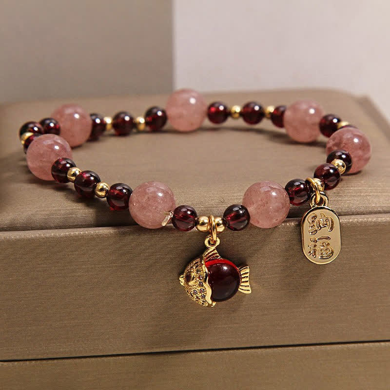 Buddha Stones Bransoletka lecznicza z kwarcem truskawkowym i granatem w kształcie ryby Koi Fu - image 2